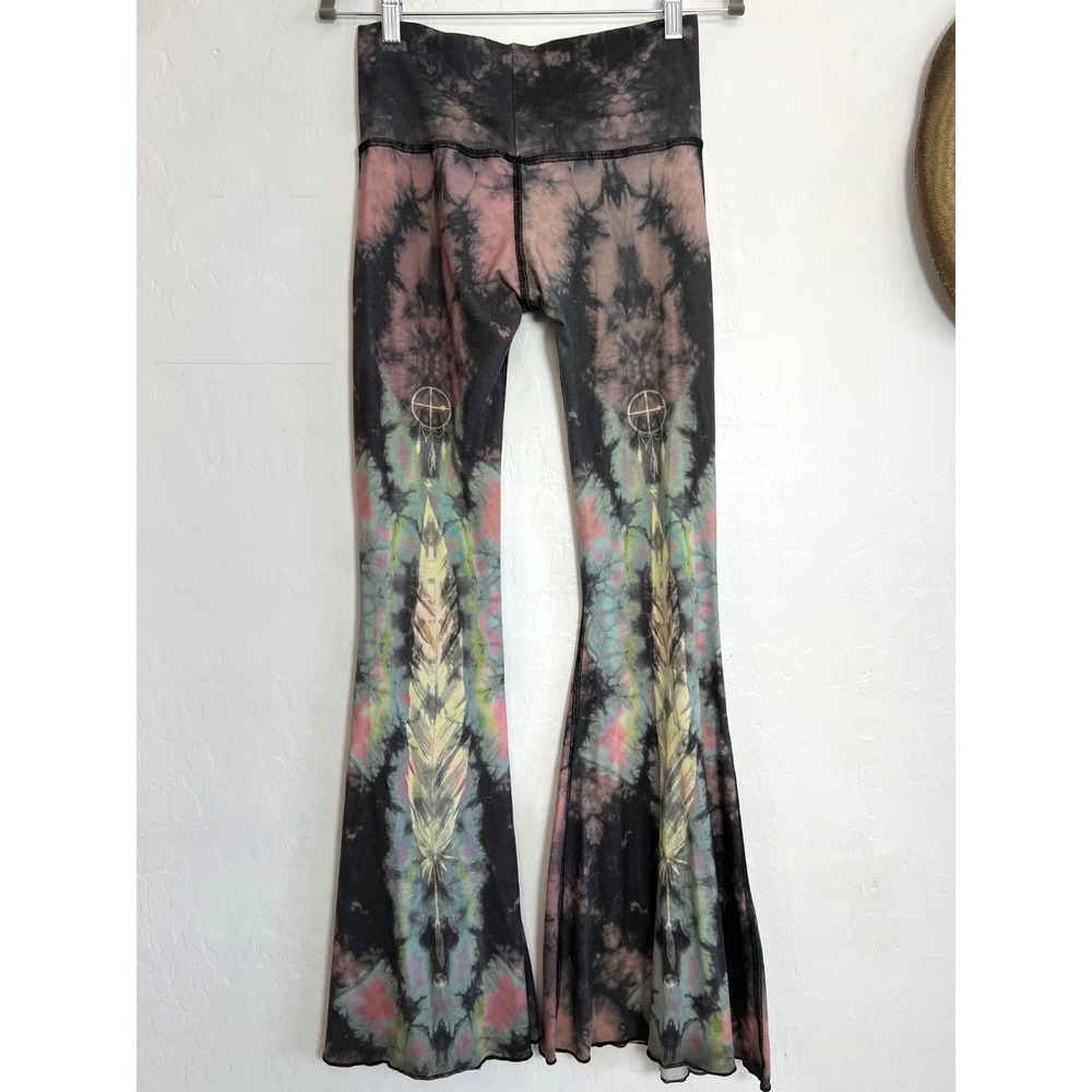 Teeki Eagle Feather Green Bell Bottom Flare Yoga Pants Small S Recycled Tie Dye